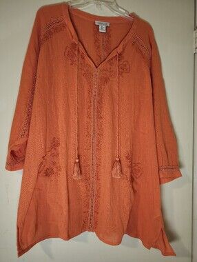 Rachel Zoe Boho Coral Embroidered Peasant Tunic with Tassels XL